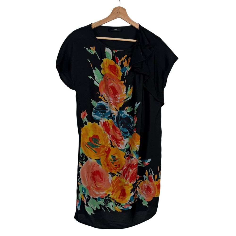 ROMAN Floral Print Dress Women’s 6 Black Satin Short Sleeve Ruffle Shoulder